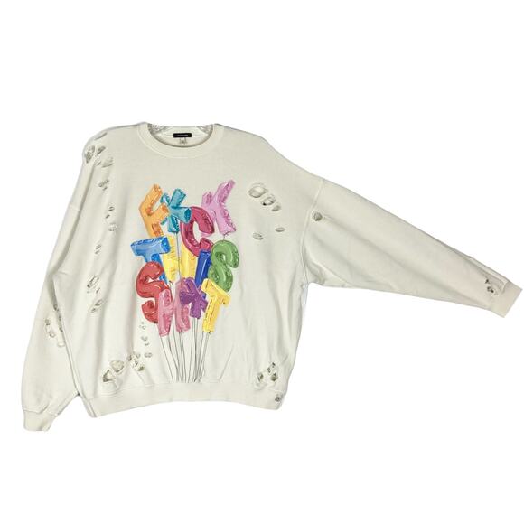 NWOT R13 FTS Sweatshirt XS Oversized Ecru/White Colorful-Graphic Distressed - Picture 2 of 10